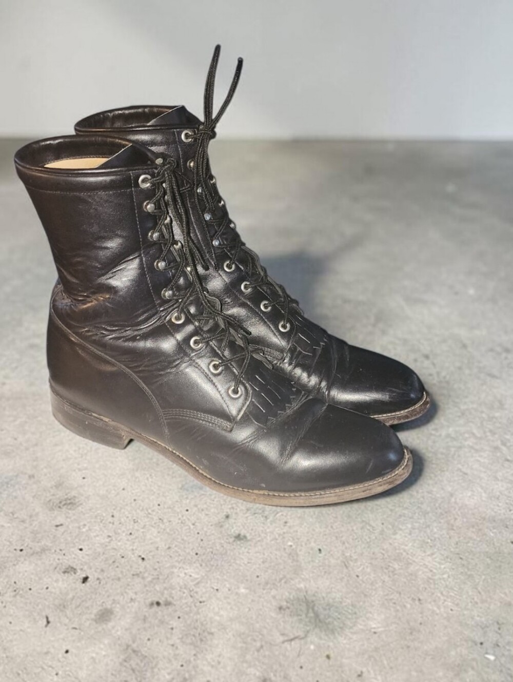 Men Vintage Leather Black Kiltie Military Boots By Justin Size 12EE Made in USA